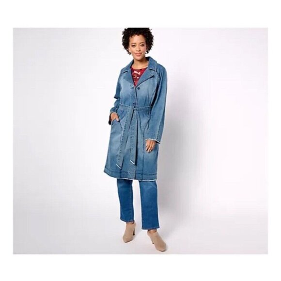 LOGO By Lori Goldstein Denim Belted Trench Coat Size M Blue A629604